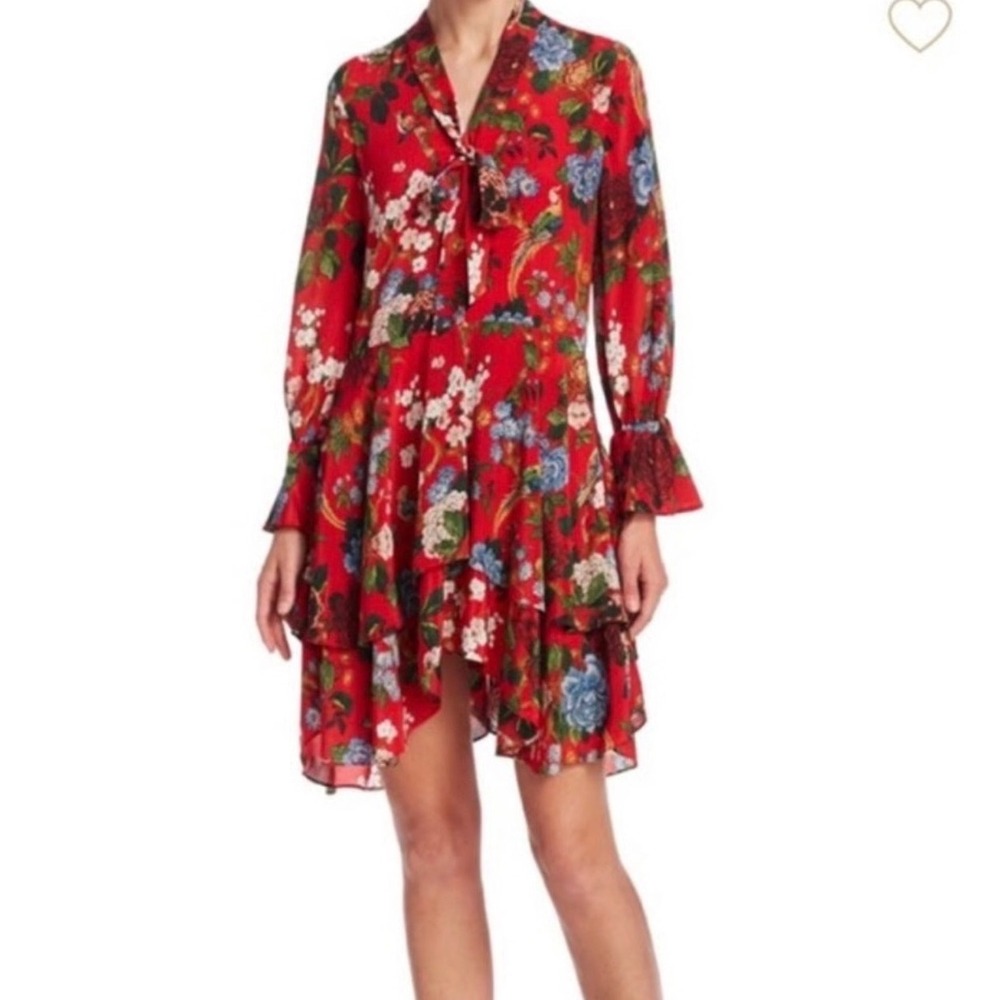 Alice + Olivia Floral Red Floral Silk Tie Neck Tiered Mini Dress high/low